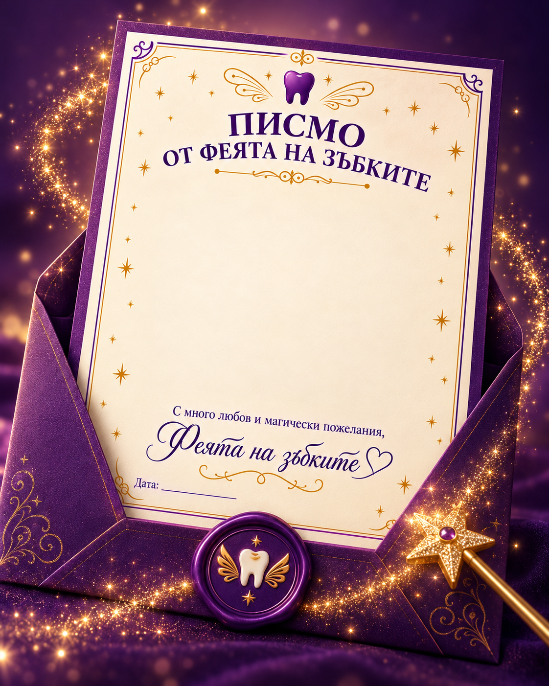 **Мило дете,**Надявам се, че нощта ти е била спокойна, а сънищата ти – изпълнени с вълшебство и приказни приключения.Не забравяй да се грижиш за зъбките си всеки ден, защото всяка твоя усмивка е като малко слънчице, което озарява света и носи радост на всички около теб.С много обич, вълшебен прашец и щипка магия,**Твоята Фея на зъбките 🦷✨**