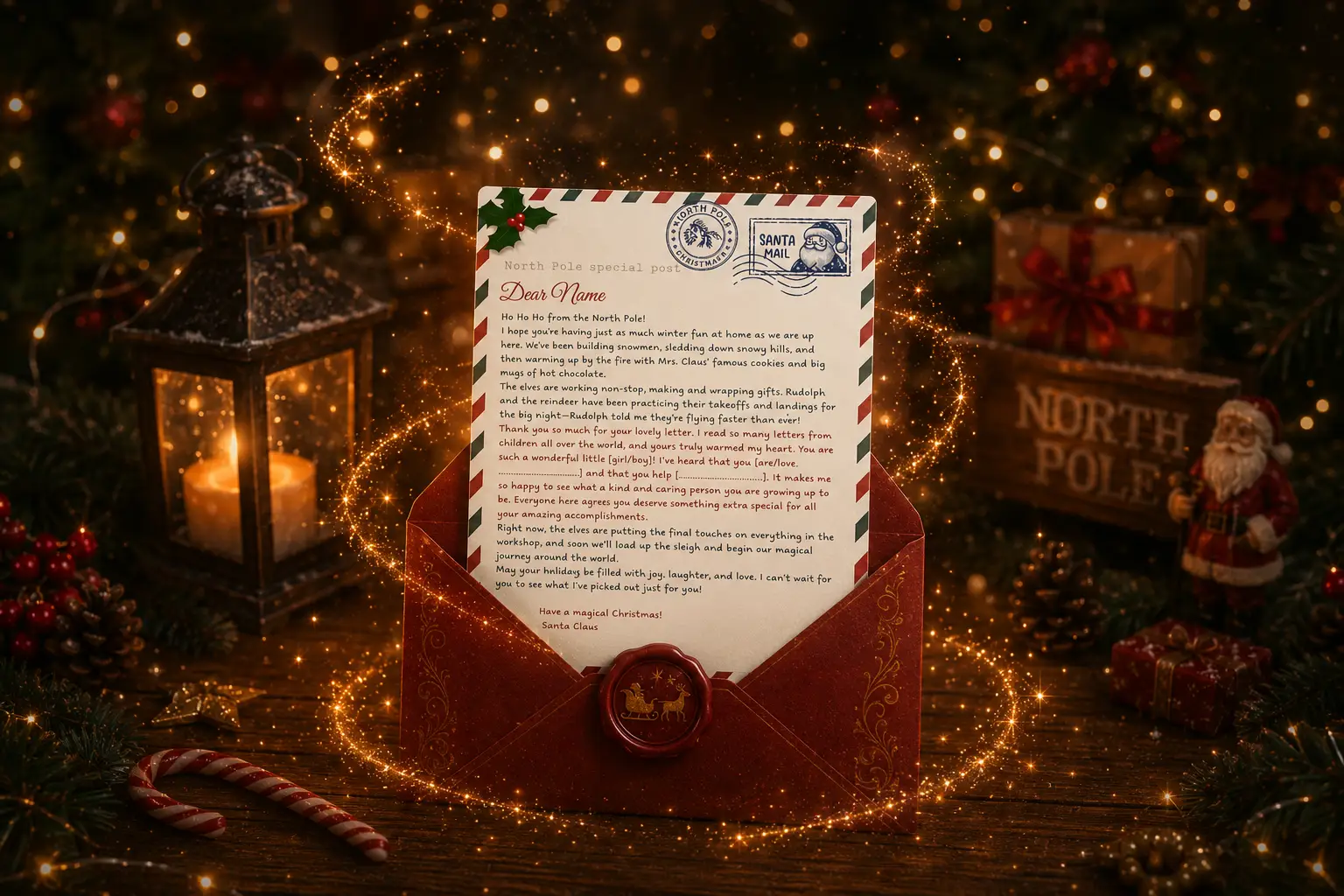 Personalized letter from Santa Claus displayed in a magical North Pole Christmas setting